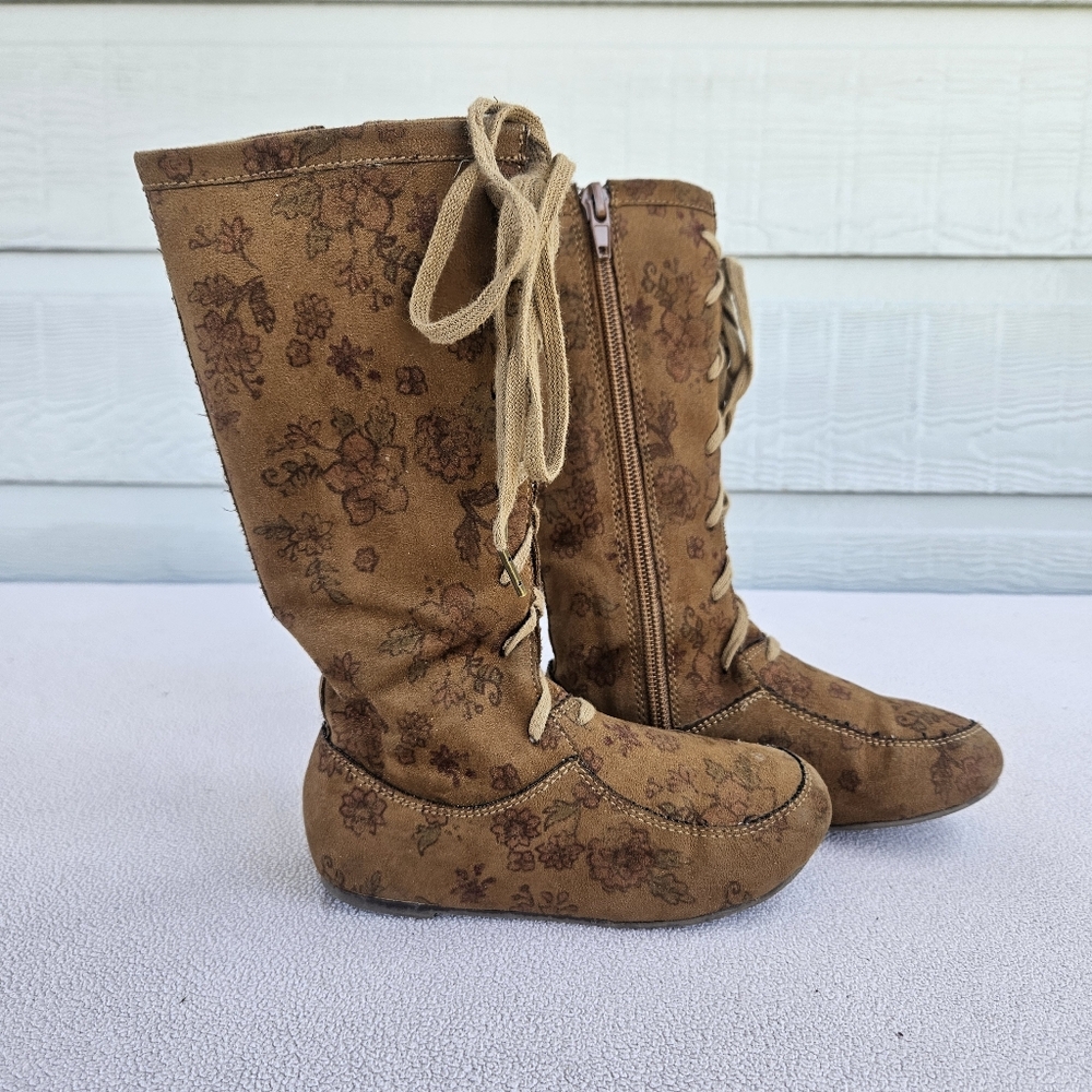 Joyfolie Adelyn Floral Suede Boot Girl Toddler SZ 8 Brown Zipper Knee High Boho